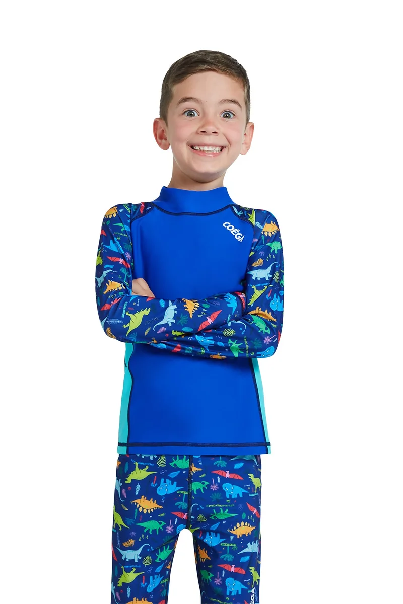 كويجا صن وير COEGA  Boys Kids Rashguard Long Sleeve - Blue Playing Dinos
